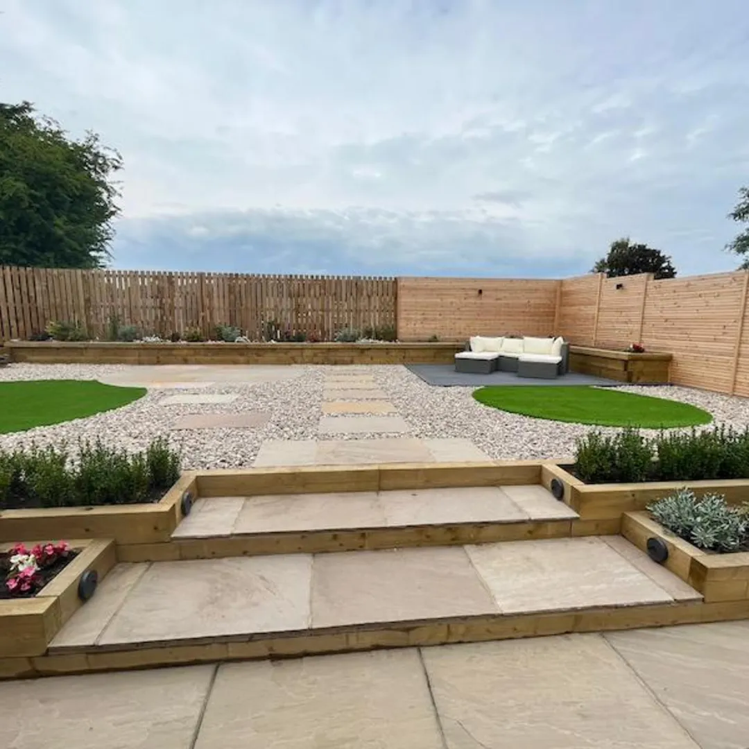 Stone terrace under construction in an Edinburgh garden
